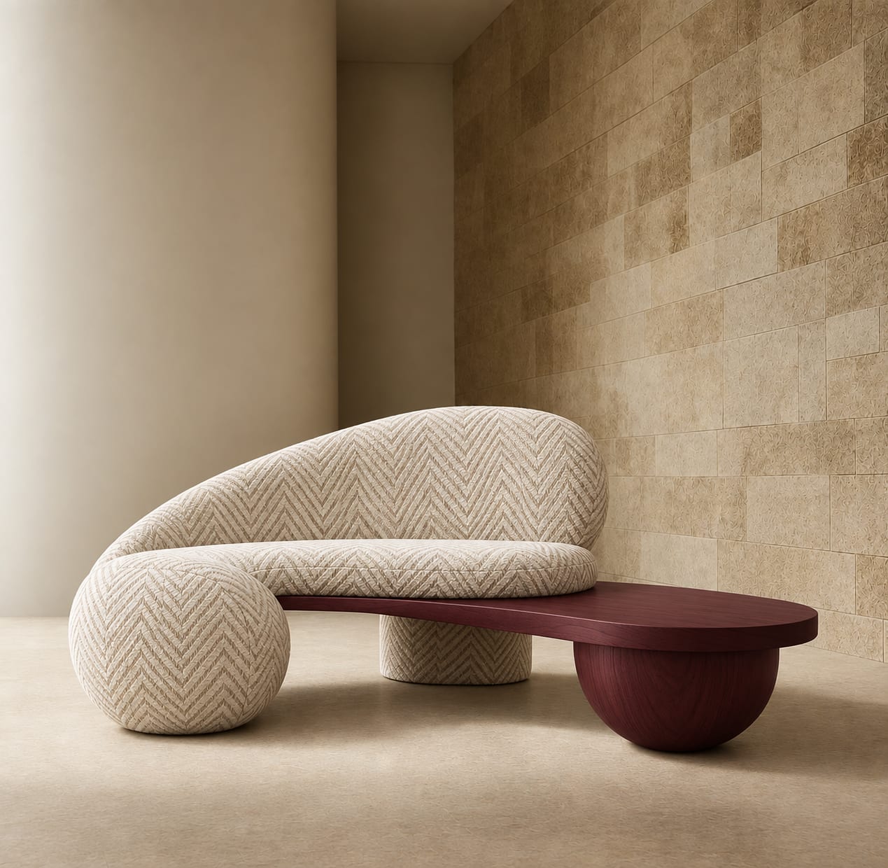 Curved cream sofa on a burgundy lacquered platform base