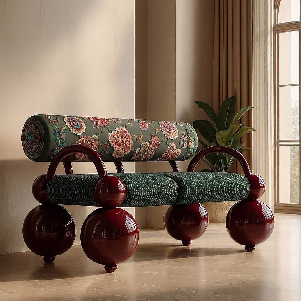 Embroidered bolster sofa with burgundy sphere legs in a sunlit room